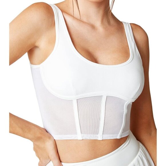Women White Longline Workout Crop Tank Top Padded with Built Back Yoga Sport Bra